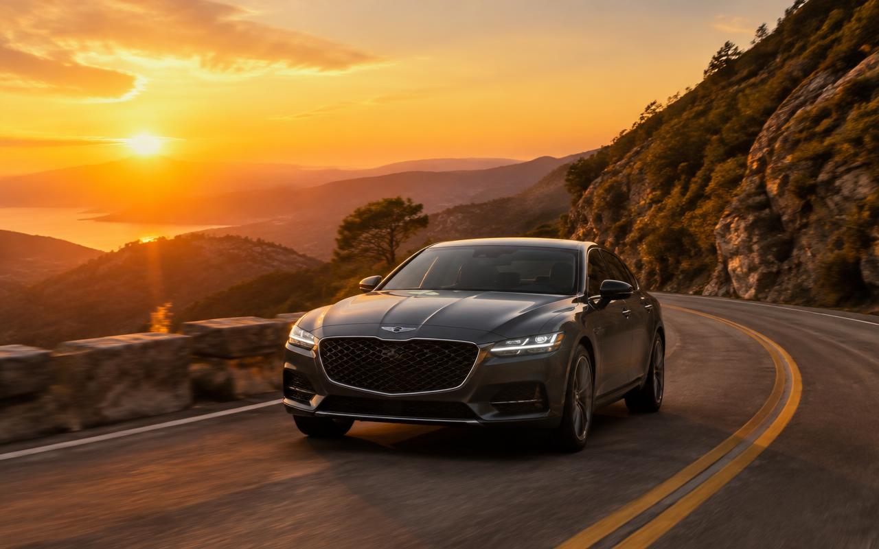 Sedan on a mountain road at sunset